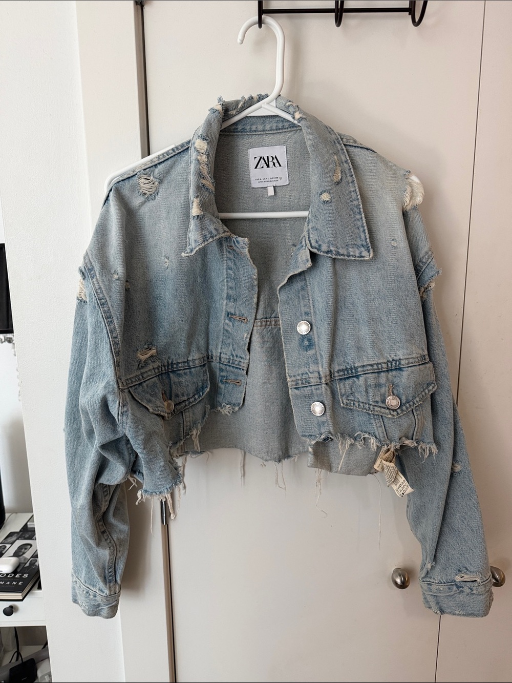ZARA Cropped Distressed Light Blue Denim Jacket